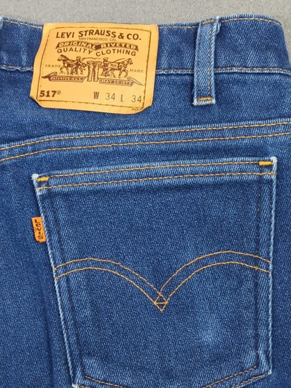 Levi's VTG Jeans Men's 34x34 Fits 32x29 Blue 517 Orange Tab Boot Made In USA